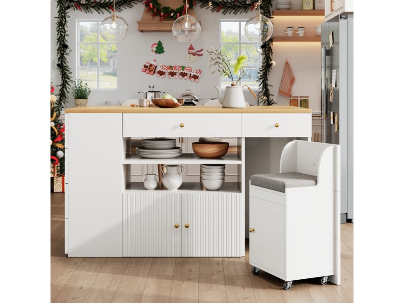  Desserte de cuisine 140x40(70)x90,5 cm, 6 tiroirs et tabouret coffre, structure en mdf et métal, meuble cuisine, blanc  - Conforama E