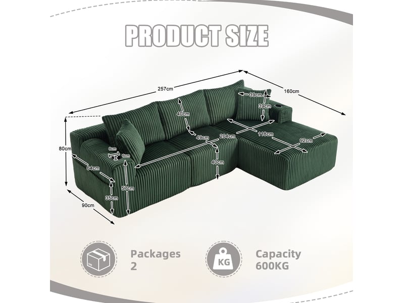 Canapé d'angle modulable ulevr 3 places avec chaise longue, poches latérales et porte-gobelets, 257 x 160 cm, velours côtelé vert émeraude - Conforama C