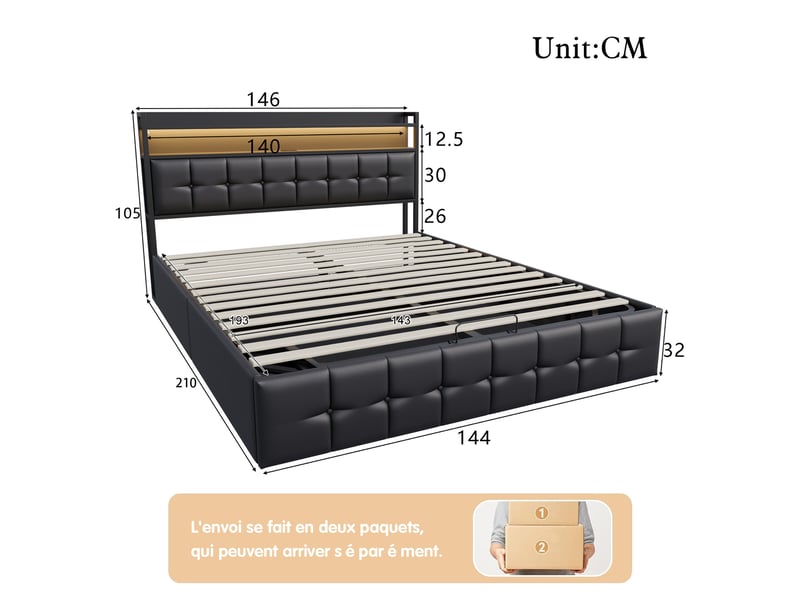  Lit double coffre - 140 x 190 cm-noir - en similicuir pu, avec tête de lit de rangement, éclairage led, prises et vérins hydrauliques  - Conforama B