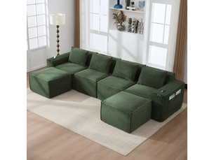 Canapé modulaire en velours - 4 places avec 2 poufs - velours côtelé vert - dimensions