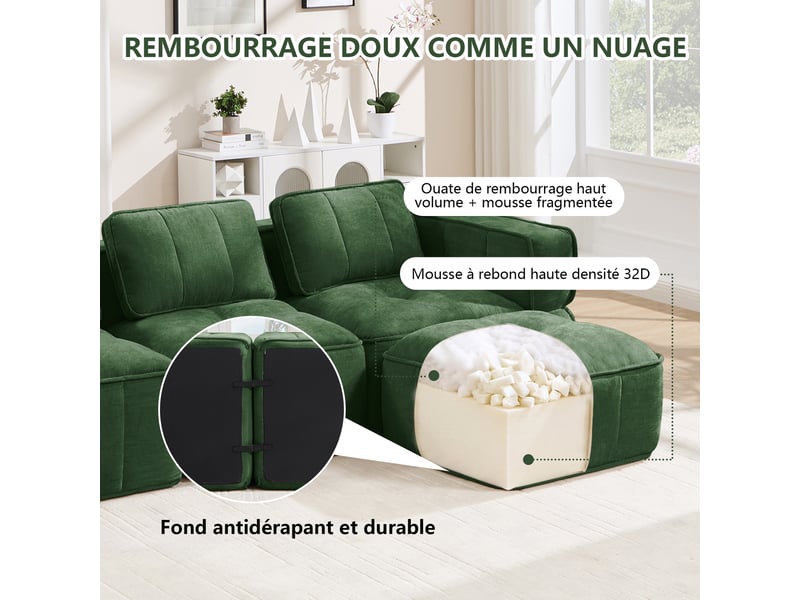  Canapé 4 places, revêtement en tissu, sans assemblage, vert  - Conforama E