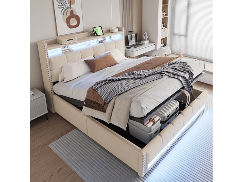  Lit double coffre 180 x 200 cm beige avec led, prise usb et tête de lit à étagères  - Conforama B