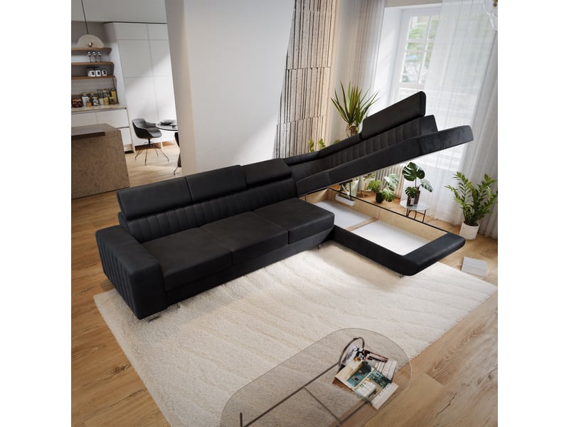  Canapé d'angle hestion, velours noir  - Conforama C