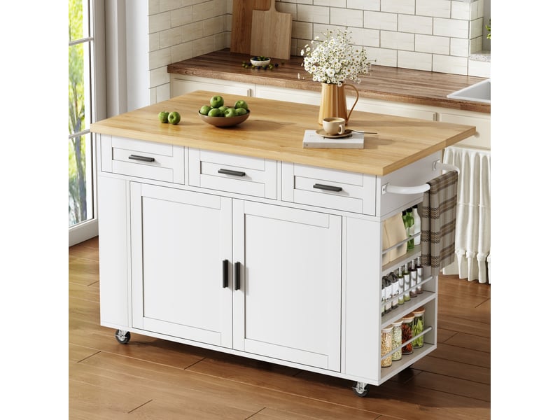 Îlot de cuisine mobile 120x70x84 cm avec plateau rabattable et rangements, blanc et naturel - Conforama B