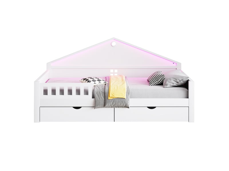  Lit enfant simple 90x200 cm, structure bois, coloris blanc, sommier, 2 tiroirs de rangement, bande éclairage led, sans matelas  - Conforama A