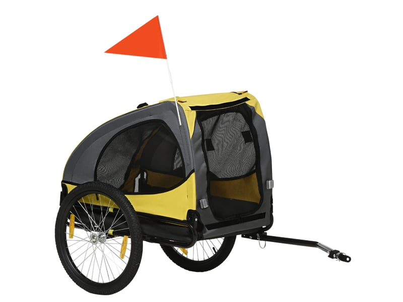 Remorque vélo pour enfent 140x71x83 cm – jaune – fenêtres filet, laisse de sécurité, charge 20 kg - Conforama A