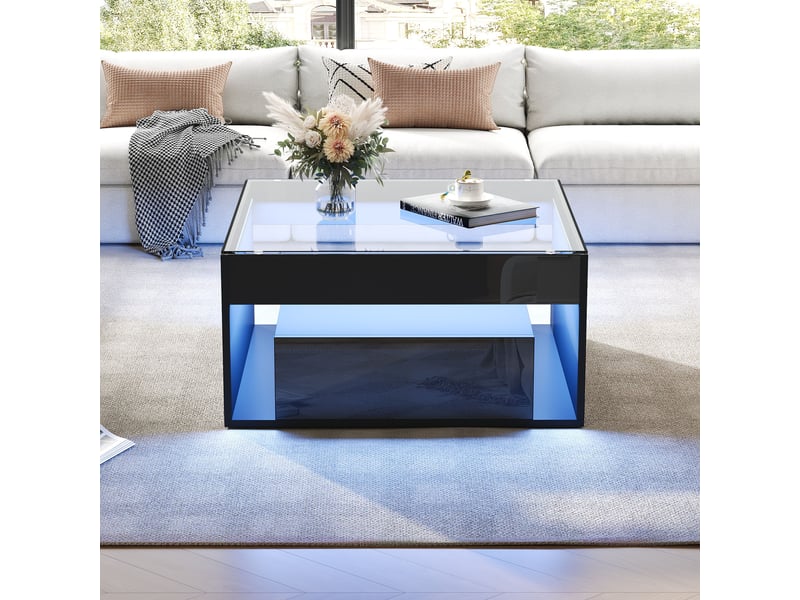  Table basse noire avec led 70x70 cm, table de salon carrée en verre trempé avec 2 tiroirs et rangement central  - Conforama C