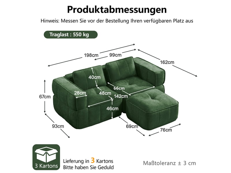 Canapé modulable 2 places modenvie en l sans cadre avec pouf, 198 x 162 x 67 cm, mousse haute densité 32d, tissu polyester vert - Conforama C