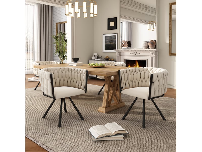  Lot de 4 chaises de salle à manger 72x59x54 cm, en tissu velouté beige, structure métallique, pivotante  - Conforama B