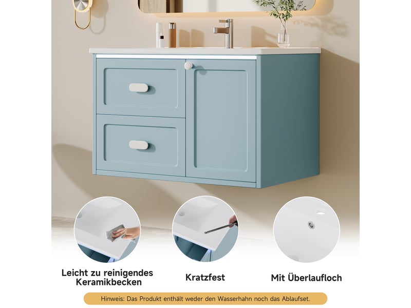 Meuble vasque suspendu bleu, 76 x 46 x 51 cm, en mdf et céramique, avec led à capteur radar et vasque intégrée - Conforama E