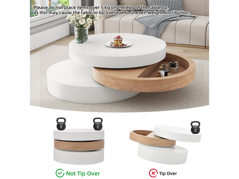 Table basse ronde pivotante 360° avec rangement pour salon en mdf 60×60×35,1 cm blanc naturel - Conforama C