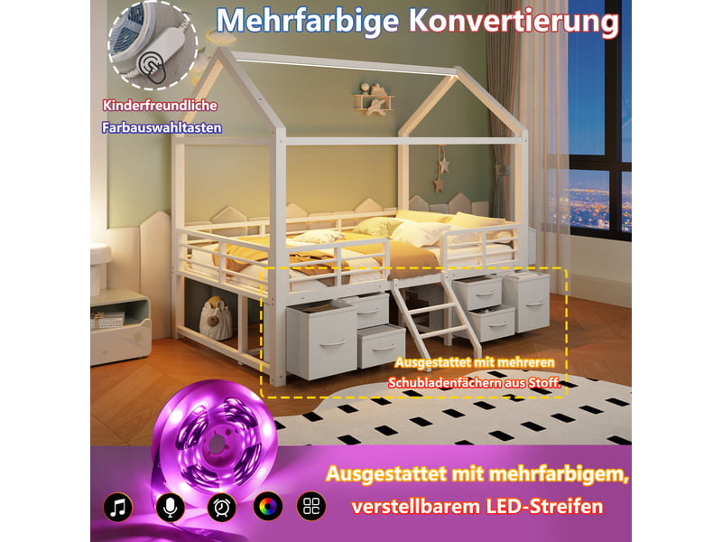  Lit mezzanine enfant 90 x 200 cm avec toit maison, éclairage led et plusieurs tiroirs en tissu, structure robuste en métal blanc evarich - Conforama D