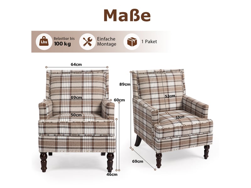  Fauteuil rembourré en mousse haute densité, coton et lin marron et blanc  - Conforama E