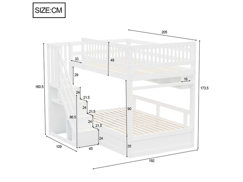 Lit superposé 250 × 200 cm – avec escalier de rangement – avec étagères – avec éclairage led – avec prise électrique – blanc (matelas non inclus) - Conforama C