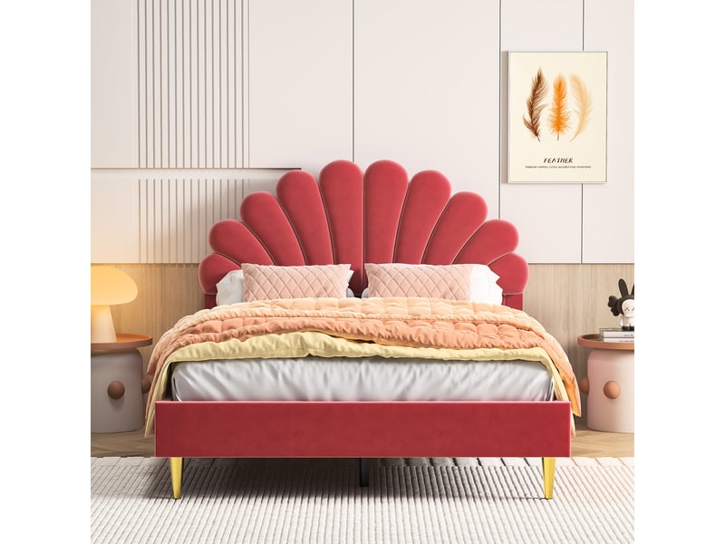  Lit enfant fille 140x200 cm lit princesse fille avec sommier à lattes pour enfants et adolescents, velours, ​​beige  - Conforama D