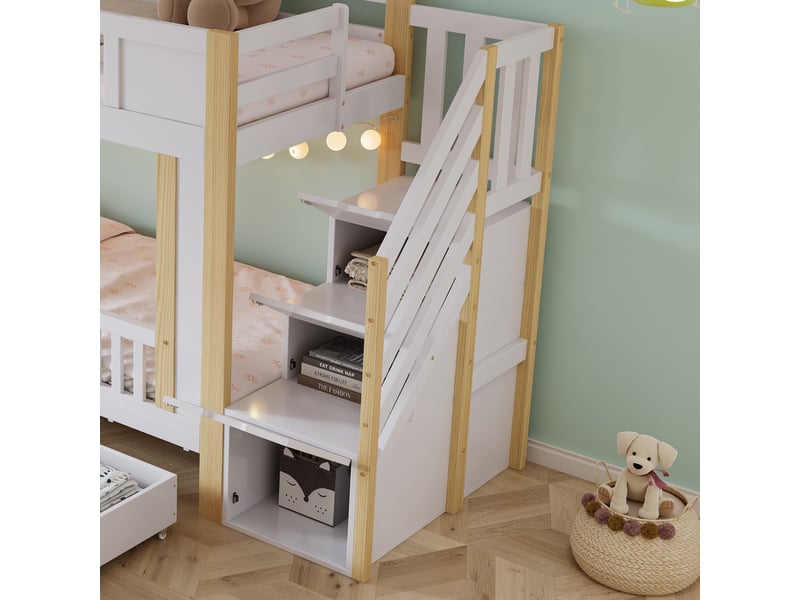  Lit superposé enfant blanc - certifié en747 - 90x200 - escalier de rangement &amp; tableau noir - tiroirs sur roulettes - certifié fsc  - Conforama R