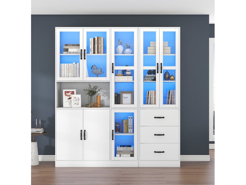 Vitrine led avec 8 portes et 3 tiroirs de rangement pour salon ou salle à manger, blanche, 180 × 40 × 200 cm - Conforama D