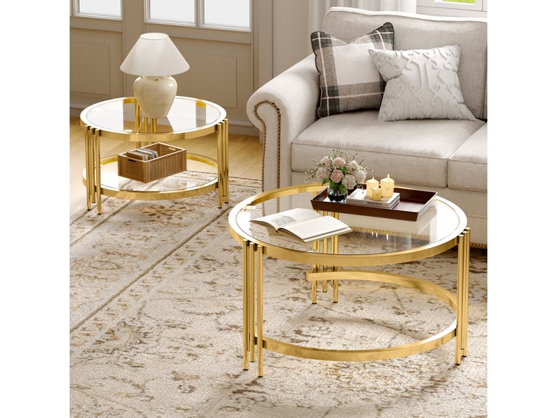  Lot de 2 tables basses gigogne ronde en verre et métal doré 80x80x45 cm  - Conforama D