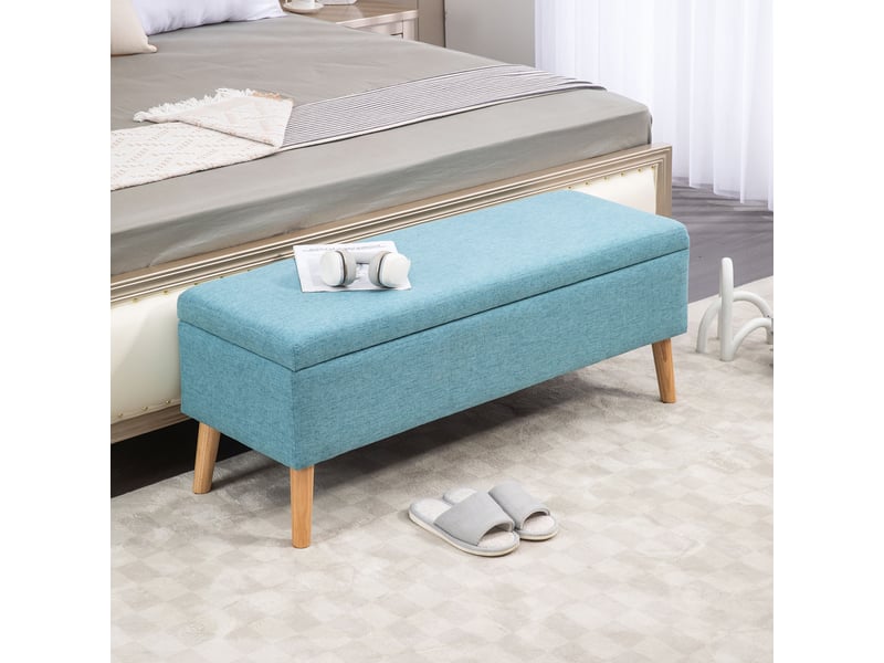  Banc de rangement bleu en lin avec coffre de rangement intégré supportant jusqu'à 220 kg et mesurant 110x39x45 cm  - Conforama B