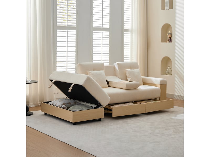Canapé convertible 3 places beige en tissu chenille, dossier réglable, rangements et porte-gobelet, 217 cm pour salon - Conforama W