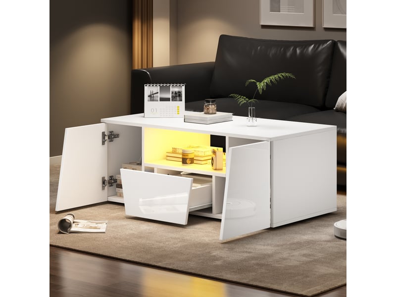  Table basse blanche brillante 100x50x40 cm, table de salon avec éclairage led, 2 placards et 1 tiroir, design asymétrique  - Conforama E