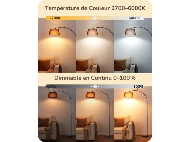  Lampe arc lampadaire noir metal 143 a 176 cm hauteur ajustable tete orientable 180 350 e27 led incluse avec telecommande et pedal 370618_AACLA95065_6_DROPFR - Conforama D