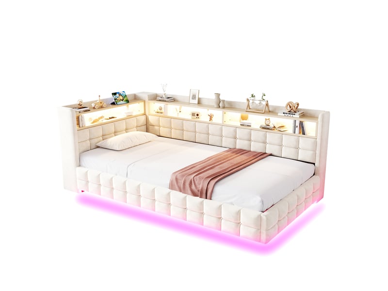  Lit coffre 90x200 cm, clayettes en bois équipées de led et prises, velours, beige, espace de stockage caché  - Conforama A
