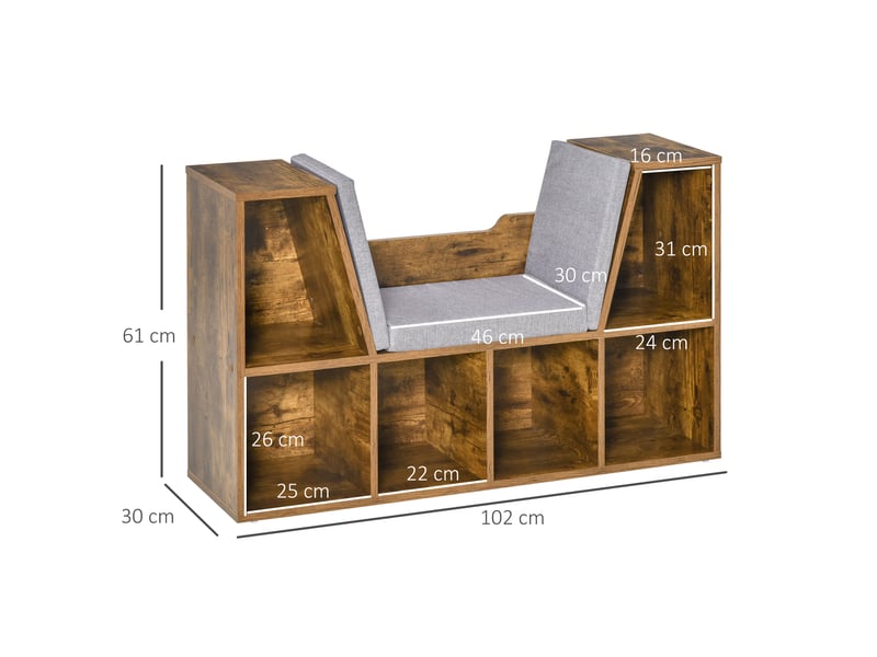  Bibliothèque banc 2 en 1 avec coussins de siège, étagère cube 6 compartiments ouverts, 102 x 30 x 61 cm, brun rustique  - Conforama E