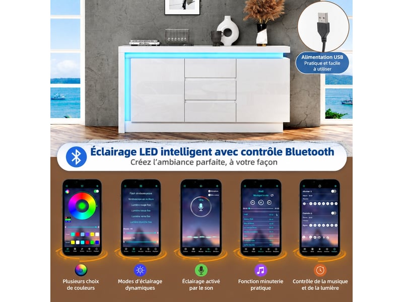  Buffet blanc brillant avec led 2 portes 3 tiroirs 140 cm  - Conforama B