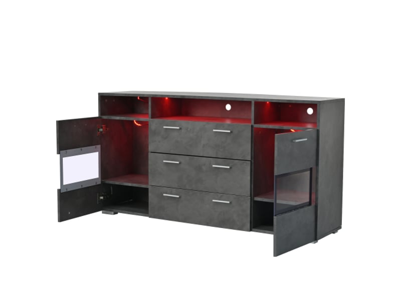 Buffet gris 140x33,5x72,5 cm avec led, 2 portes, 3 tiroirs et 3 compartiments ouverts, en bois  - Conforama D