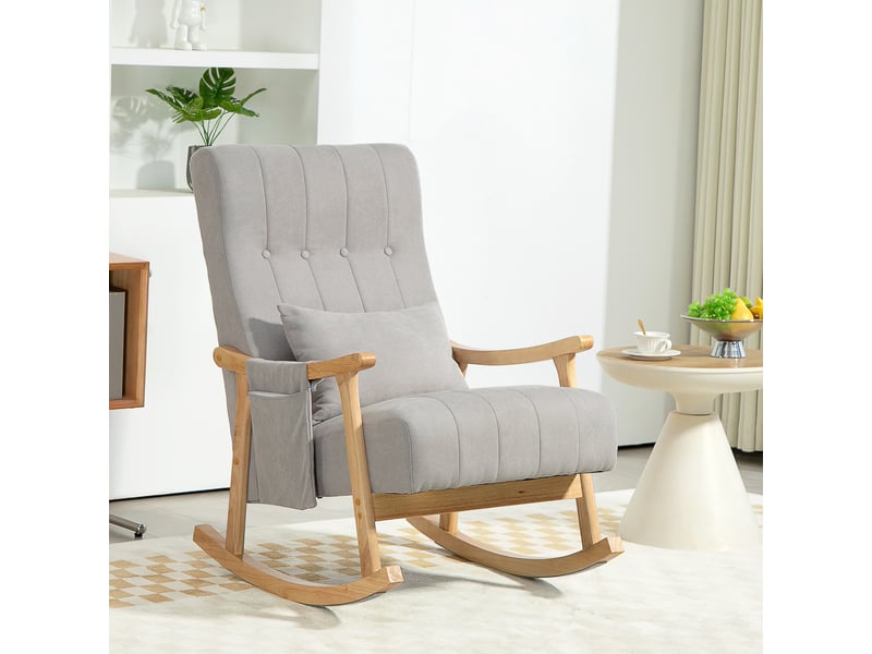  Fauteuil à bascule avec coussin lombaire et poches latérales, structure en bois, polyester gris, 65 × 90 × 98 cm  - Conforama B