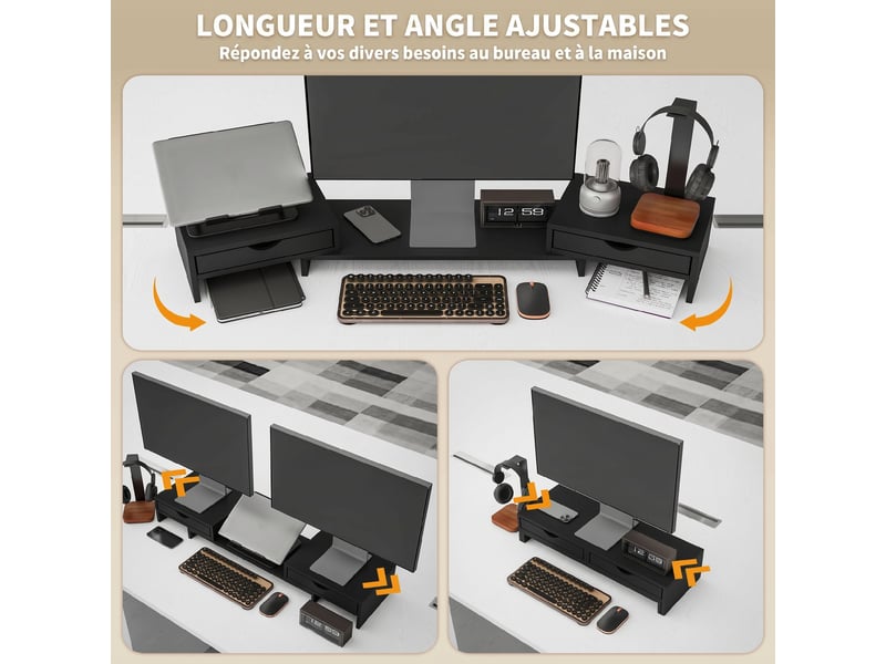 Rehausseur écran pc bureau, support d'écran d'ordinateur de avec 2 tiroirs, longueur et angle réglables noir 60-116 cm  - Conforama A