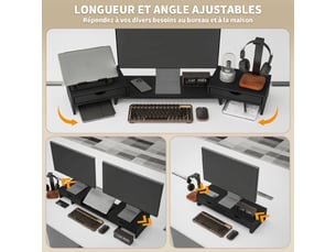 Rehausseur écran pc bureau, support d'écran d'ordinateur de avec 2 tiroirs, longueur et angle réglables noir 60-116 cm