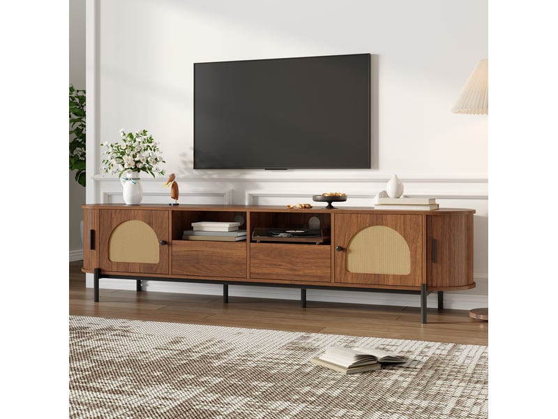  Meuble tv ulevr ovale avec rangement, portes coulissantes, portes en rotin et tiroirs, 200 x 40 x 49,5 cm, mdf noyer, pieds métal noirs  - Conforama B