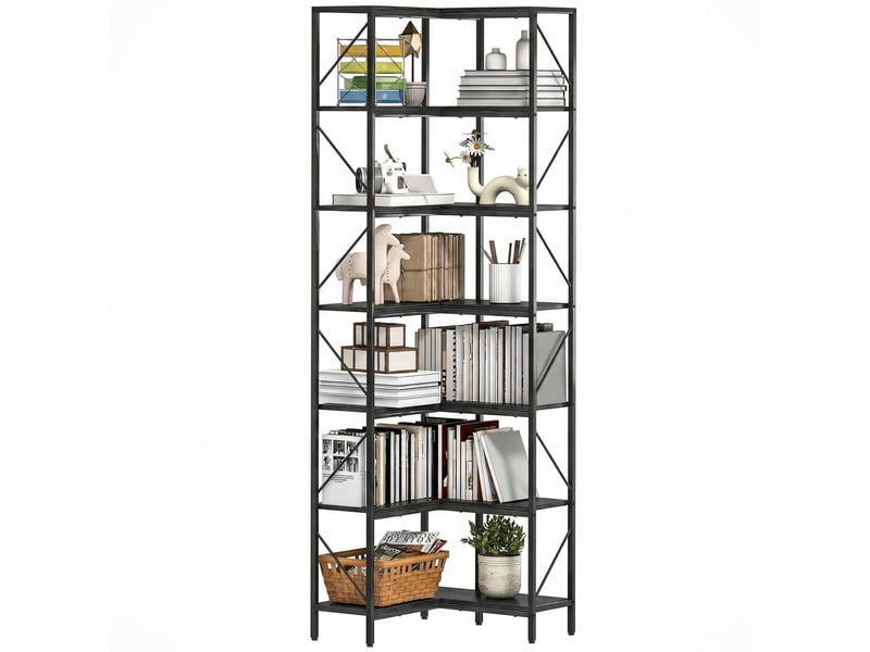  Bibliothèque d'angle à 7 niveaux industriel avec étagères de rangement, 60 x 60 x 198 cm, noir  - Conforama B