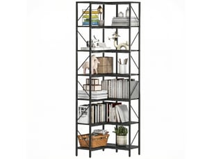 Bibliothèque d'angle à 7 niveaux industriel avec étagères de rangement, 60 x 60 x 198 cm, noir