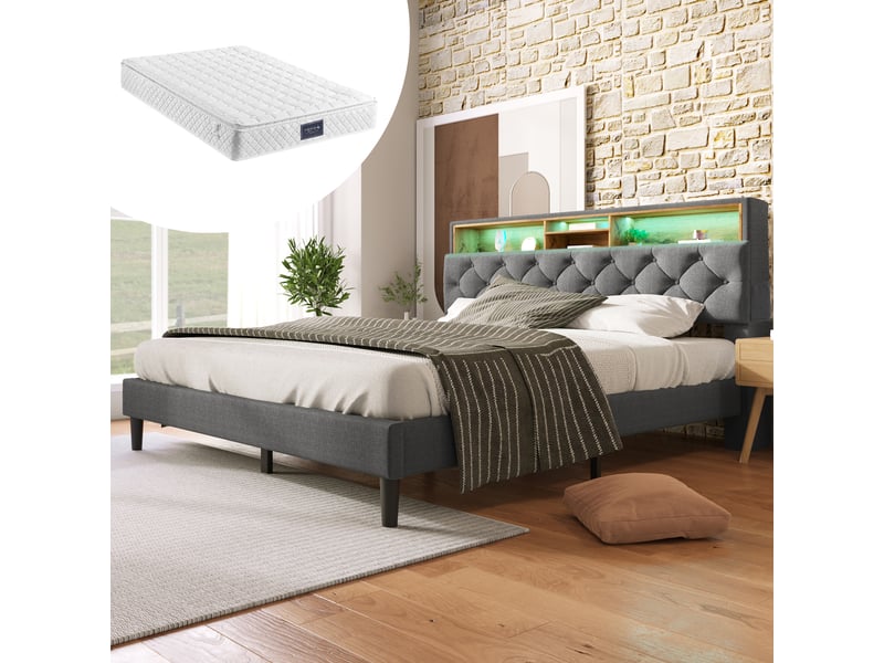  Lit double rembourré 140*200cm avec tête rangeante, led, sommier bois et matelas inclus, gris  - Conforama C