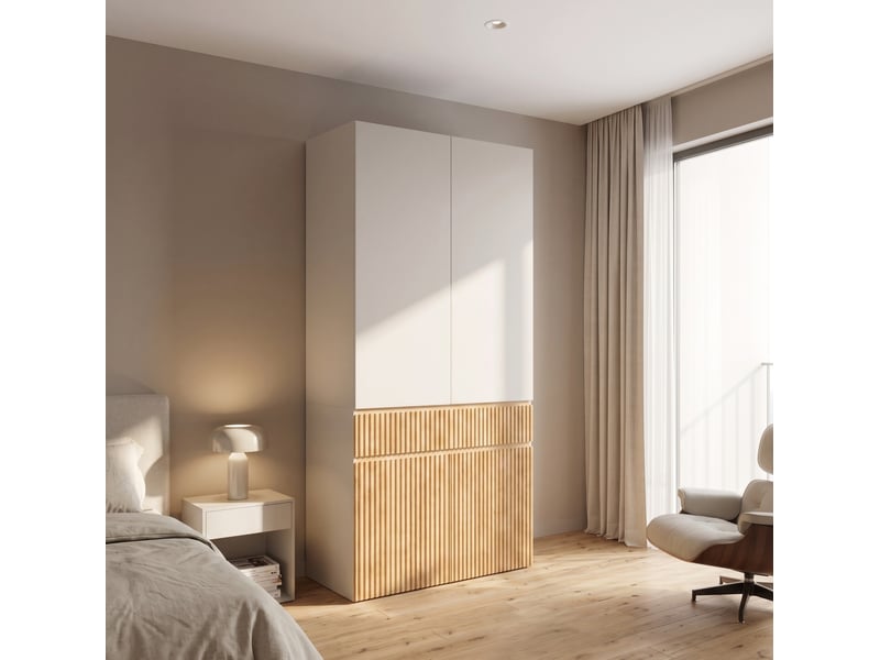  Armoire 90x50x200 cm 4 portes, 1 tiroir, mdf, gris clair et naturel  - Conforama B
