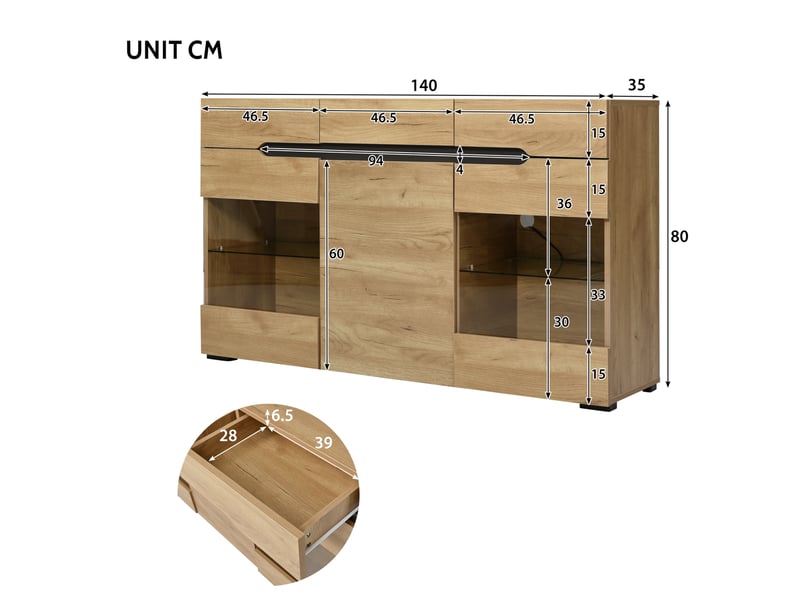 Buffet bas moderne avec led – chêne clair – 3 portes, 3 tiroirs – 140 x 35 x 80 cm - Conforama D