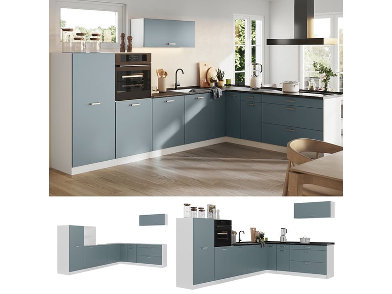 Vicco cuisine en angle, bleu-grisblanc, 327 x cm sans plan de travail  - Conforama D