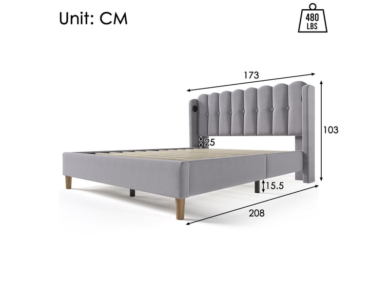  Lit adulte 2 places 160 × 200 cm avec usb, type c et tête de lit rembourrée, sans matelas, gris  - Conforama E