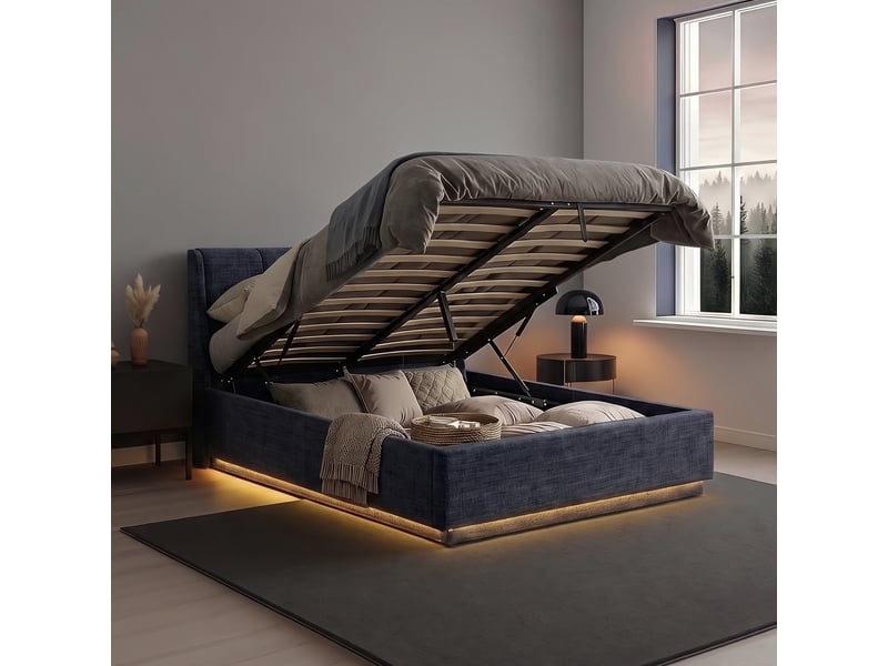  Lit double capitonné tröstiar avec éclairage led 160 x 200 cm bleu [en.casa] Tröstiar - Conforama E
