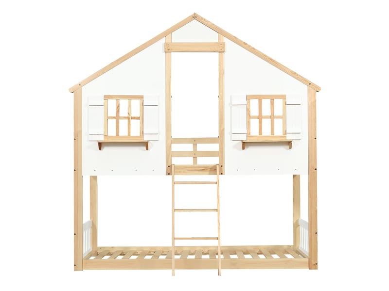 Lit superposé enfant 90x200 cm, lit cabane avec toit et fenêtres, en bois de pin massif et mdf avec échelle à 3 marches, blanc et naturel - Conforama D