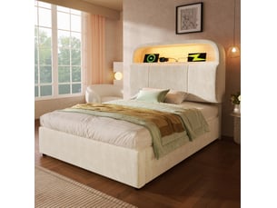 Lit coffre 1 place 90 x 200 cm beige avec matelas, led et station de charge