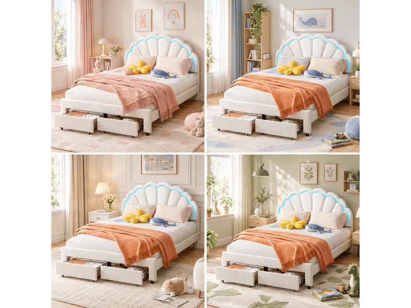  Lit enfant 90x200 avec tête de lit en forme de pétale, lit simple avec sommier à lattes, éclairage led, tiroir de rangement, blanc velours  - Conforama R