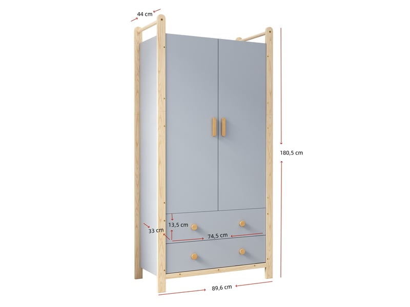  Armoire 2 portes avec penderie et 2 tiroirs pour chambre, en panneaux de particules et pin, bleu naturel, 89,6 × 44 × 180,5 cm  - Conforama E