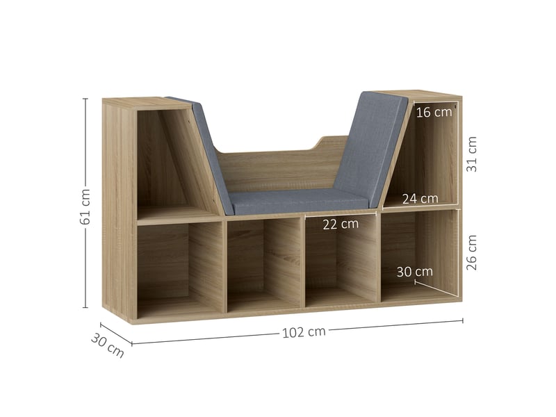  Bibliothèque banc 2 en 1 design contemporain 6 casiers 3 coussins fournis 102l x 30l x 61h cm chêne gris  - Conforama E