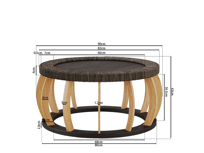  Table basse ulevr ronde vintage 90 cm en bois et mdf noir marron, détails en rotin et pieds courbés  - Conforama C