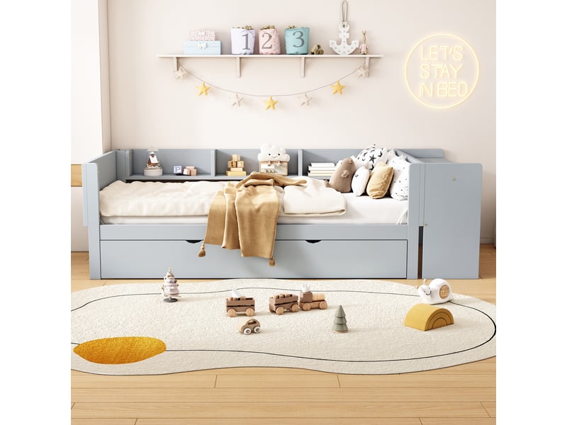  Lit enfant 90x200 avec lit gigogne et bureau intégré - pin massif gris avec étagères de rangement  - Conforama B