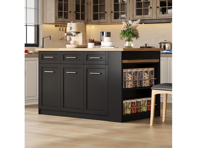  Îlot de cuisine modenvie avec table escamotable coulissante 150 x 90 x 90 cm mdf noir et naturel  - Conforama D